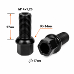 Болт M14X1,25X27 Черный Цинк Сфера с выступом, облегч.,  ключ 17 LS17F27 BA