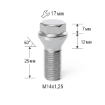 Болт M14X1,25X25 Хром Конус с выступом ключ 17 мм (под проставки) C17F25 SP